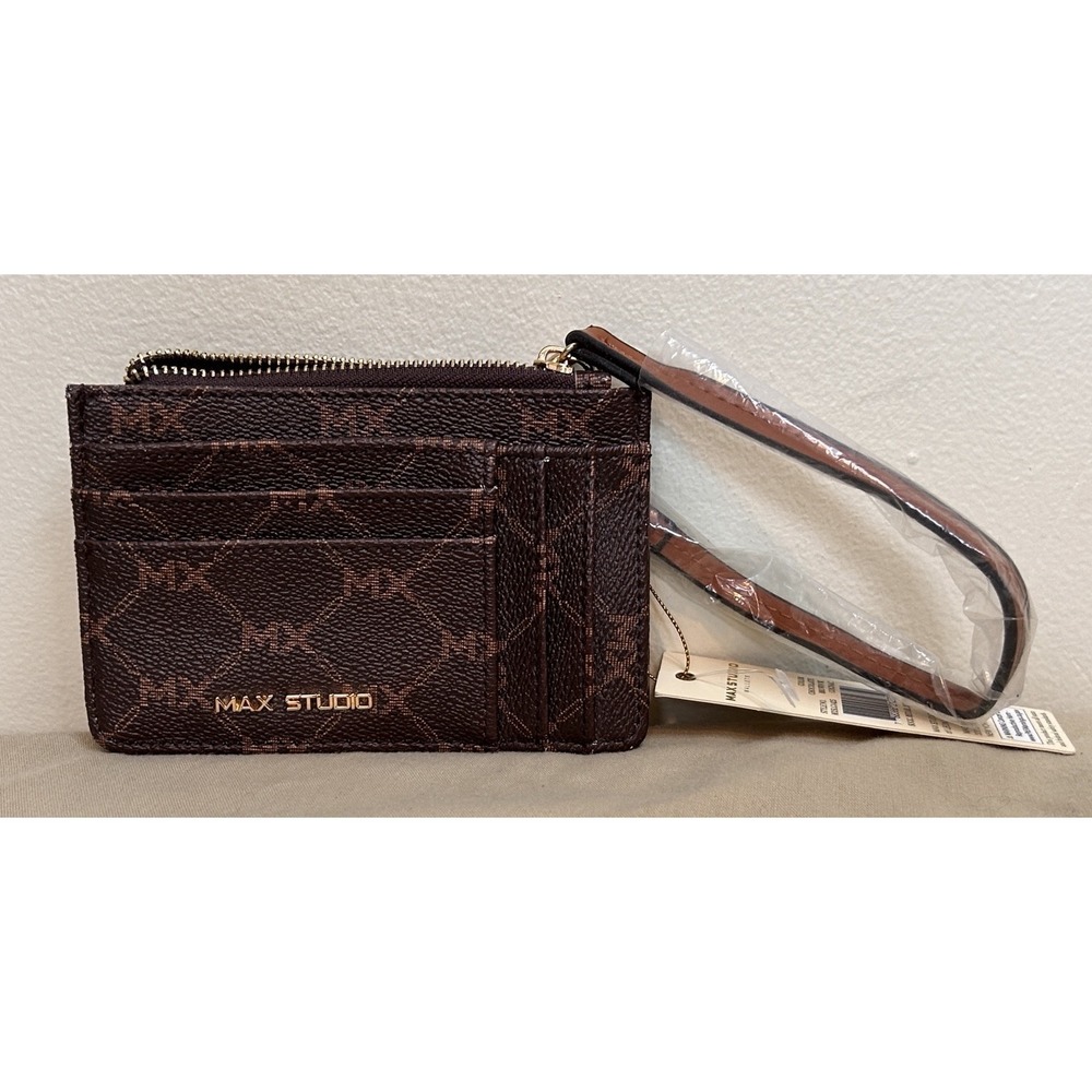 Max Studio Card Case Wallet Wristlet, Zip Closure, Wrist Strap, Brown Monogram